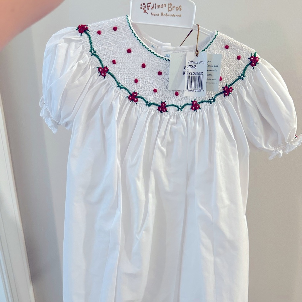 Feltman Bros hand embroidered white green and red dress item no 27226SS sz 3t